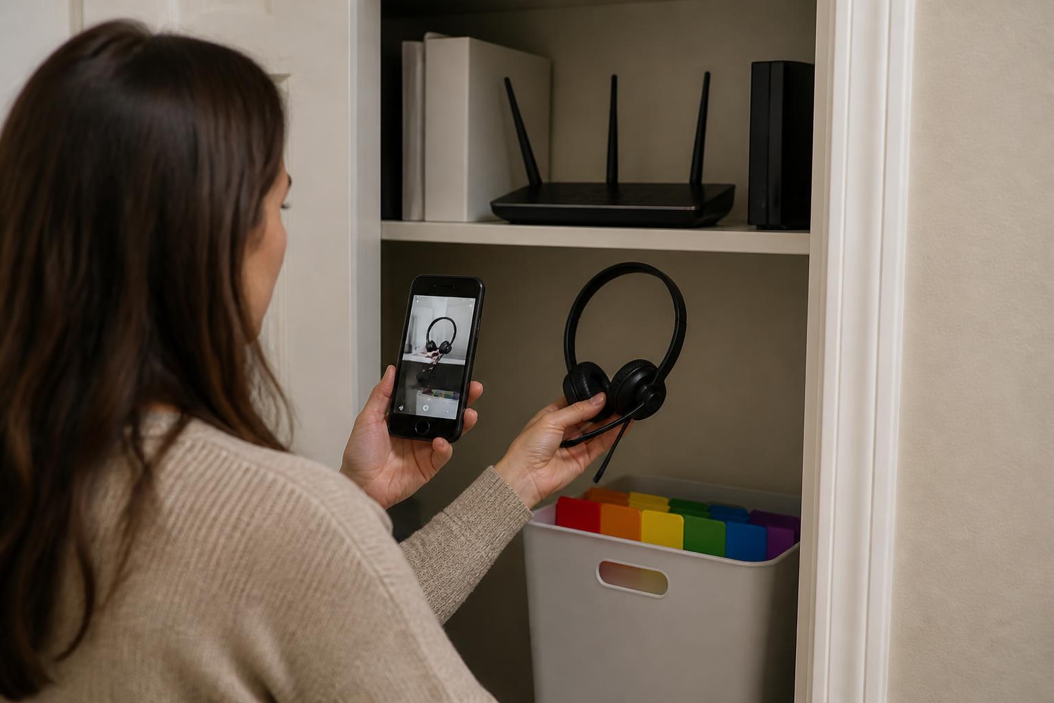 A worker photographing home office equipment in a closet.