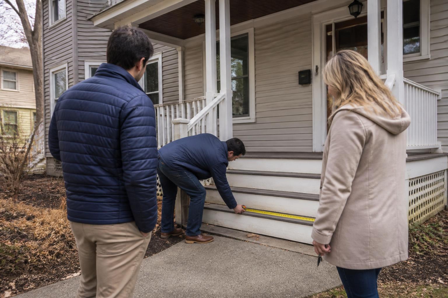 Homebuyers measuring a porch step during an appraisal-gap conversation.