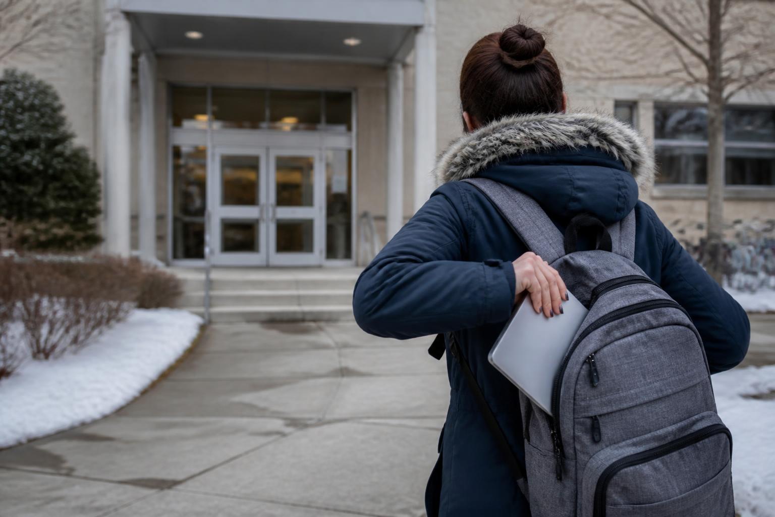 A borrower zipping a loan folder into a backpack outside a financial-aid office.