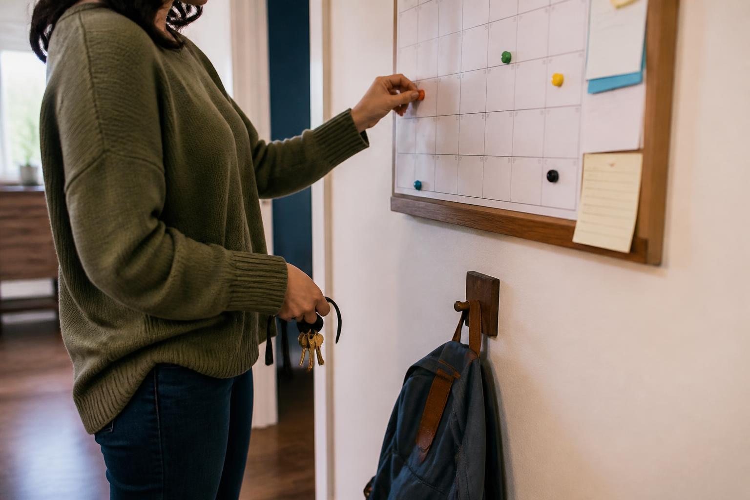 A borrower moving a blank reminder magnet on a hallway calendar.