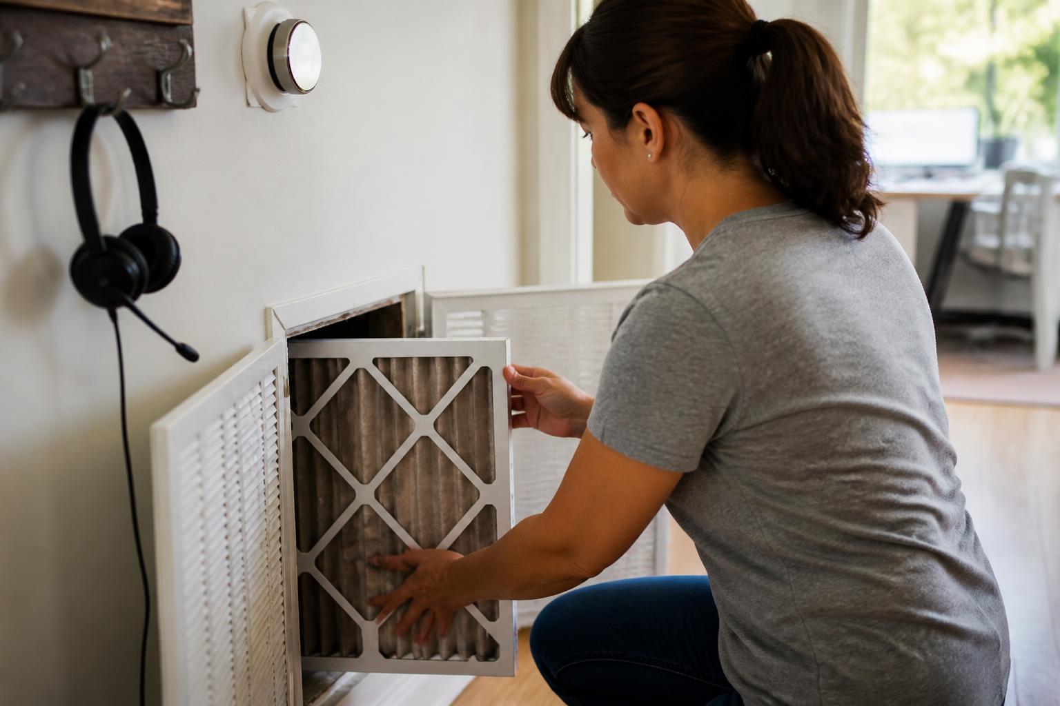 A homeowner replacing an air filter during a utility-bill review.
