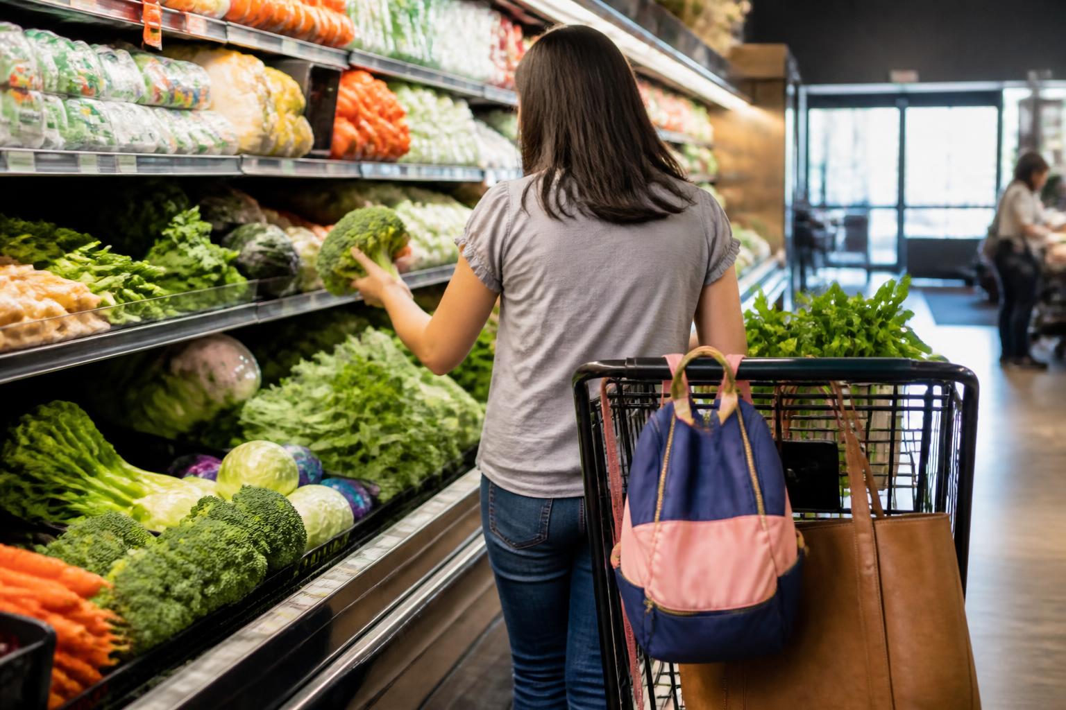 A parent comparing groceries during a family cash-planning trip.