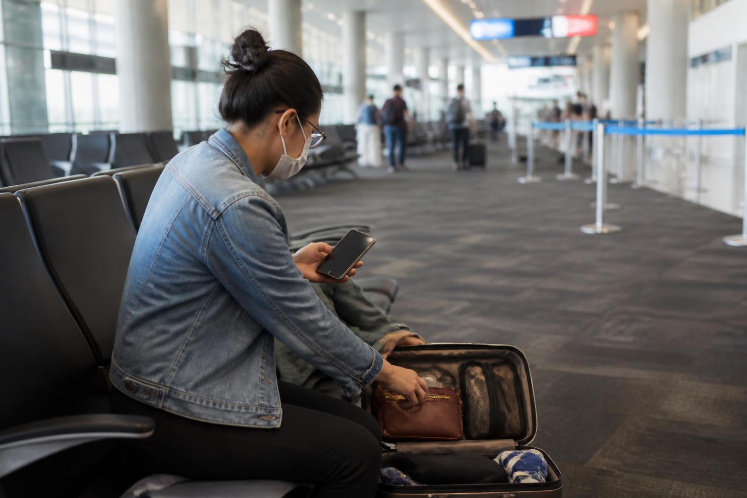 A traveler repacking a carry-on while checking refund rules.