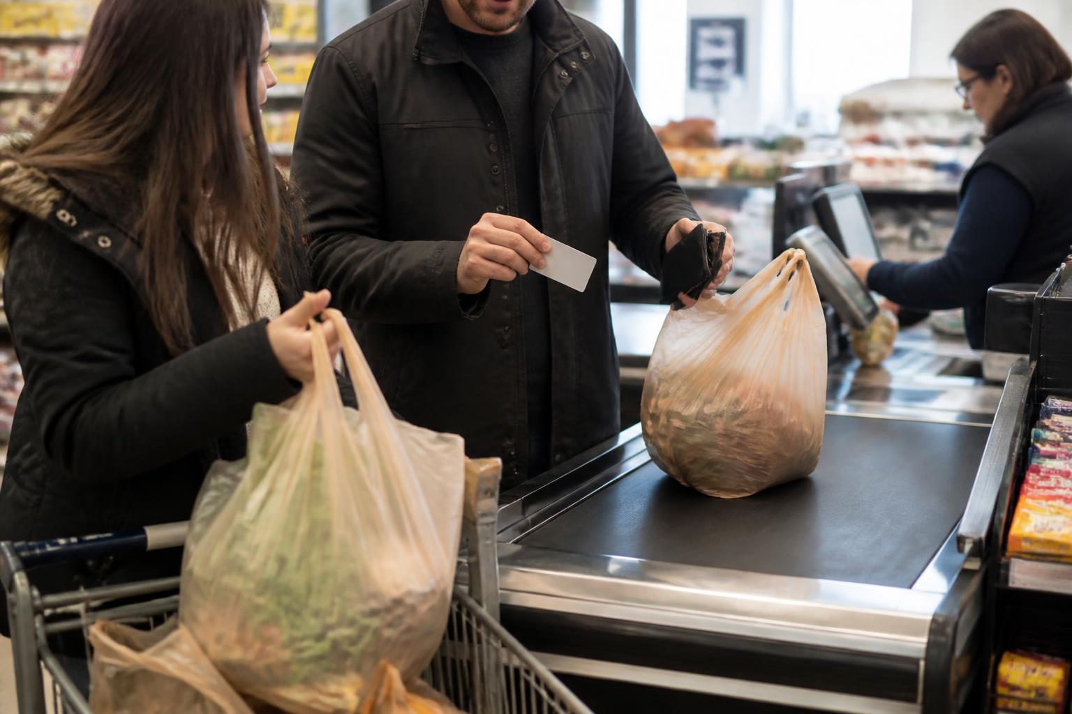 Two partners dividing groceries while putting away a shared card.