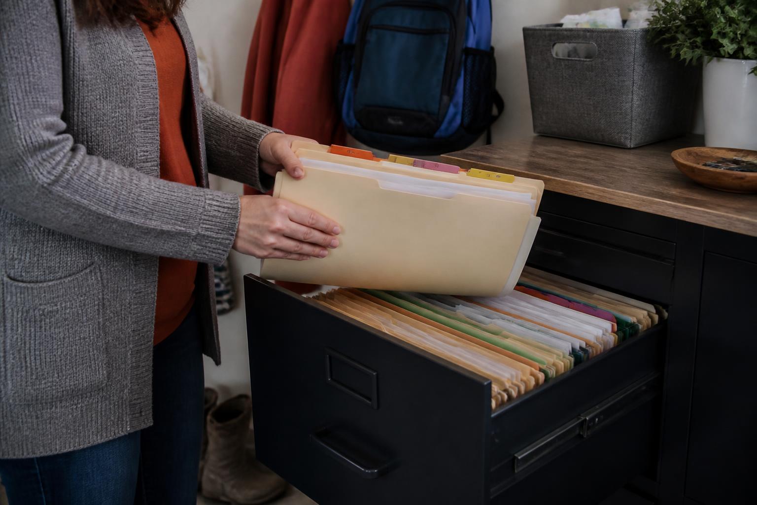 A parent storing sealed family records in a home file drawer.