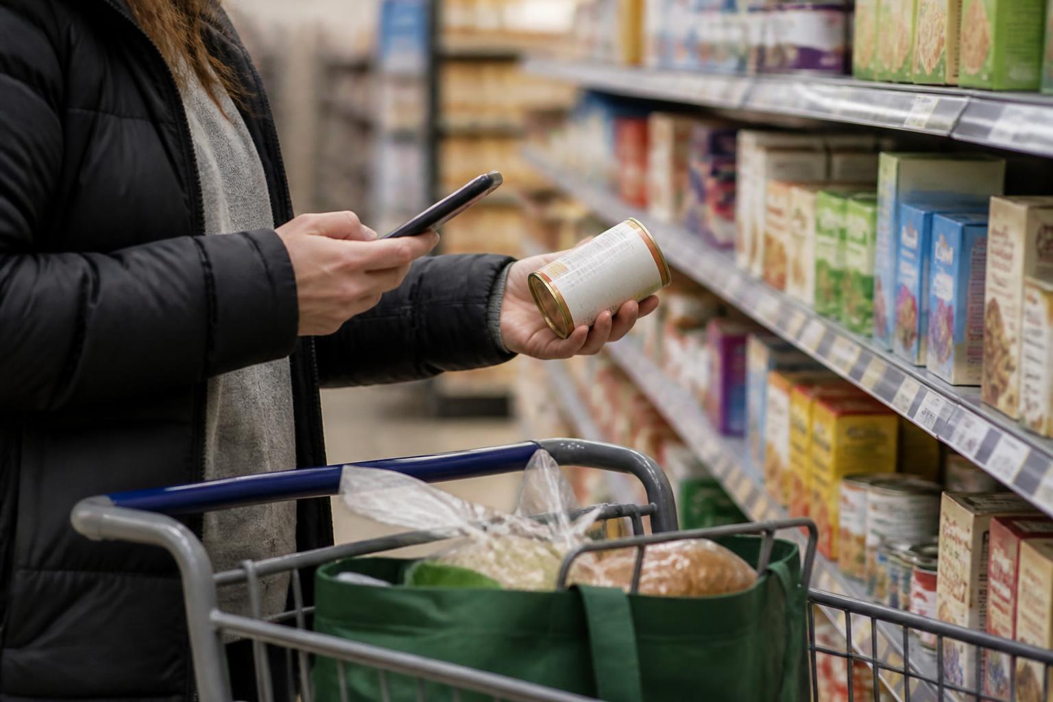 A shopper comparing pantry staples while checking a reminder.