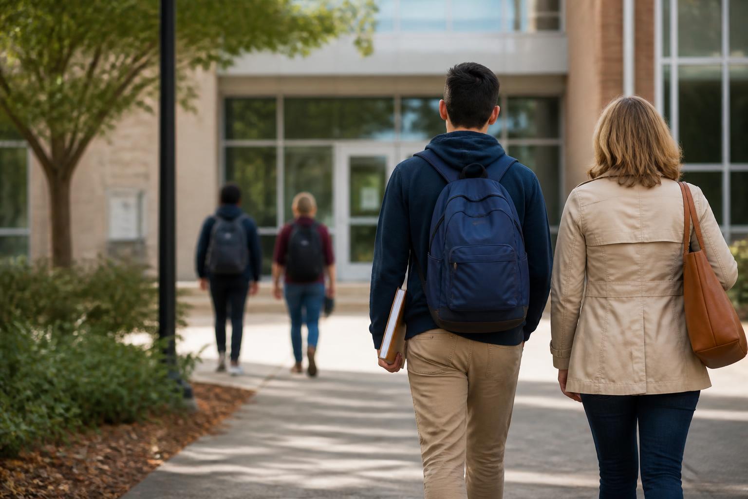 A student and parent walking toward a financial-aid office.