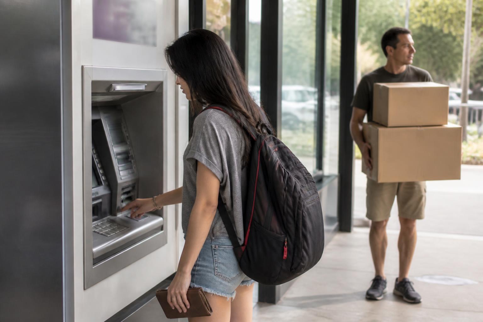 A student using a campus-area ATM while preparing for move-in.
