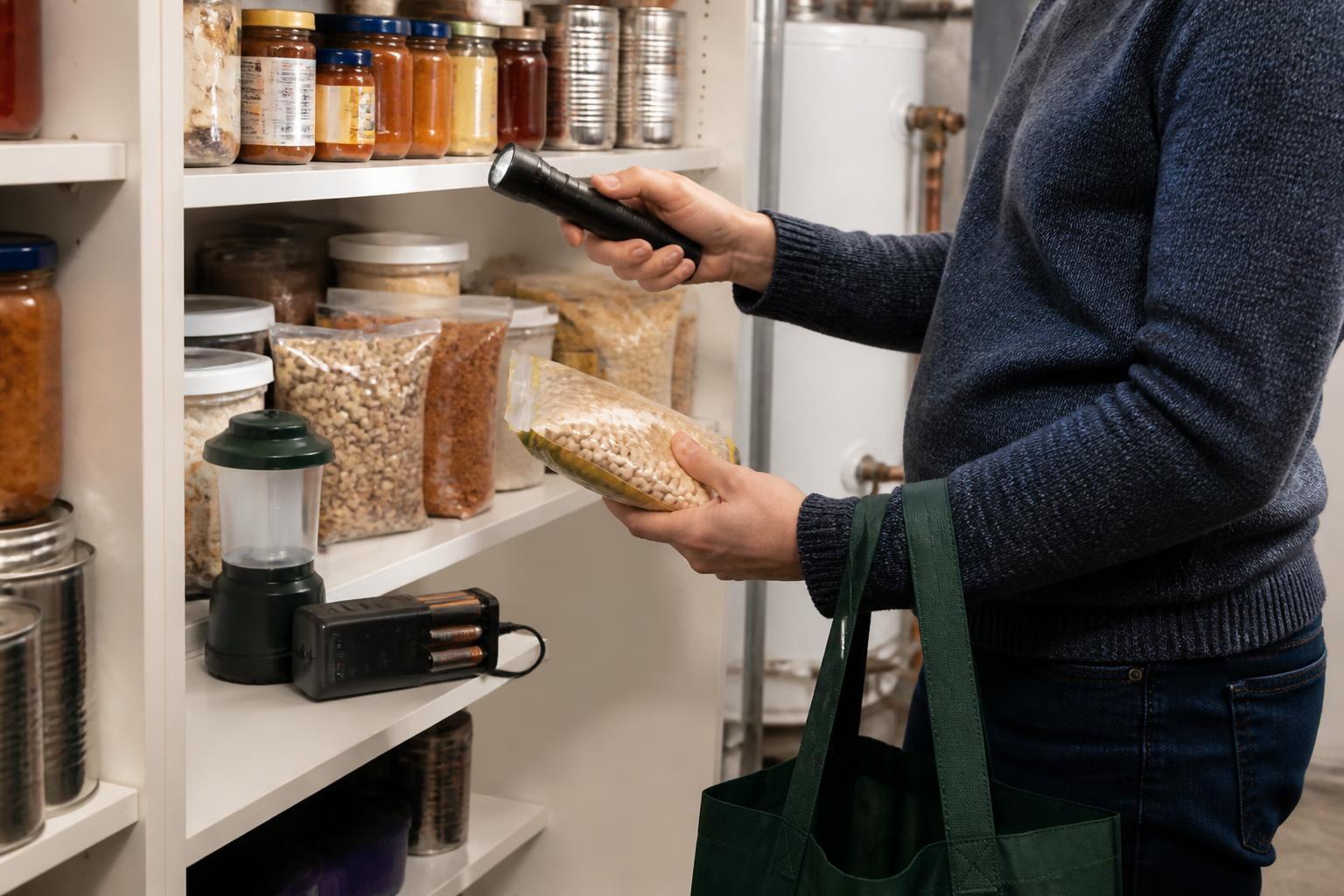 A person restocking a pantry shelf while checking emergency supplies.