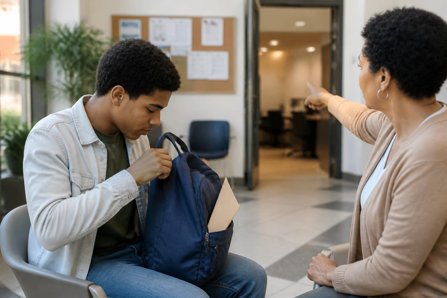 A student zipping a backpack in a financial-aid waiting area.