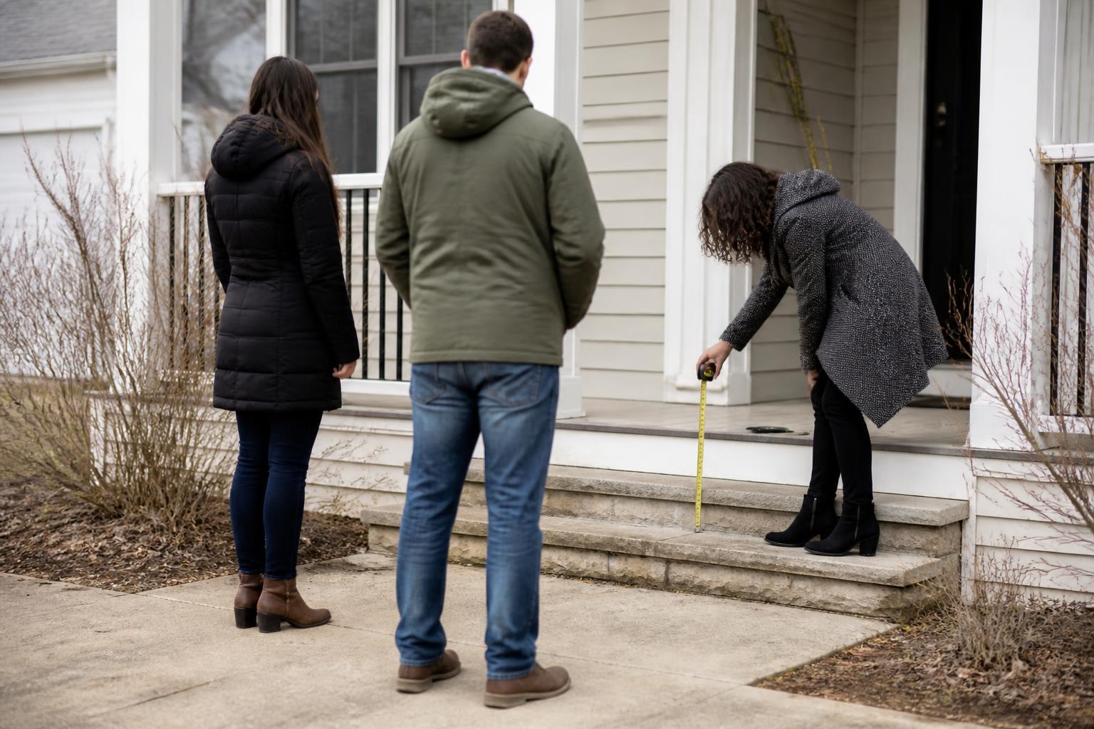 Homebuyers measuring a porch step before a rate-lock decision.