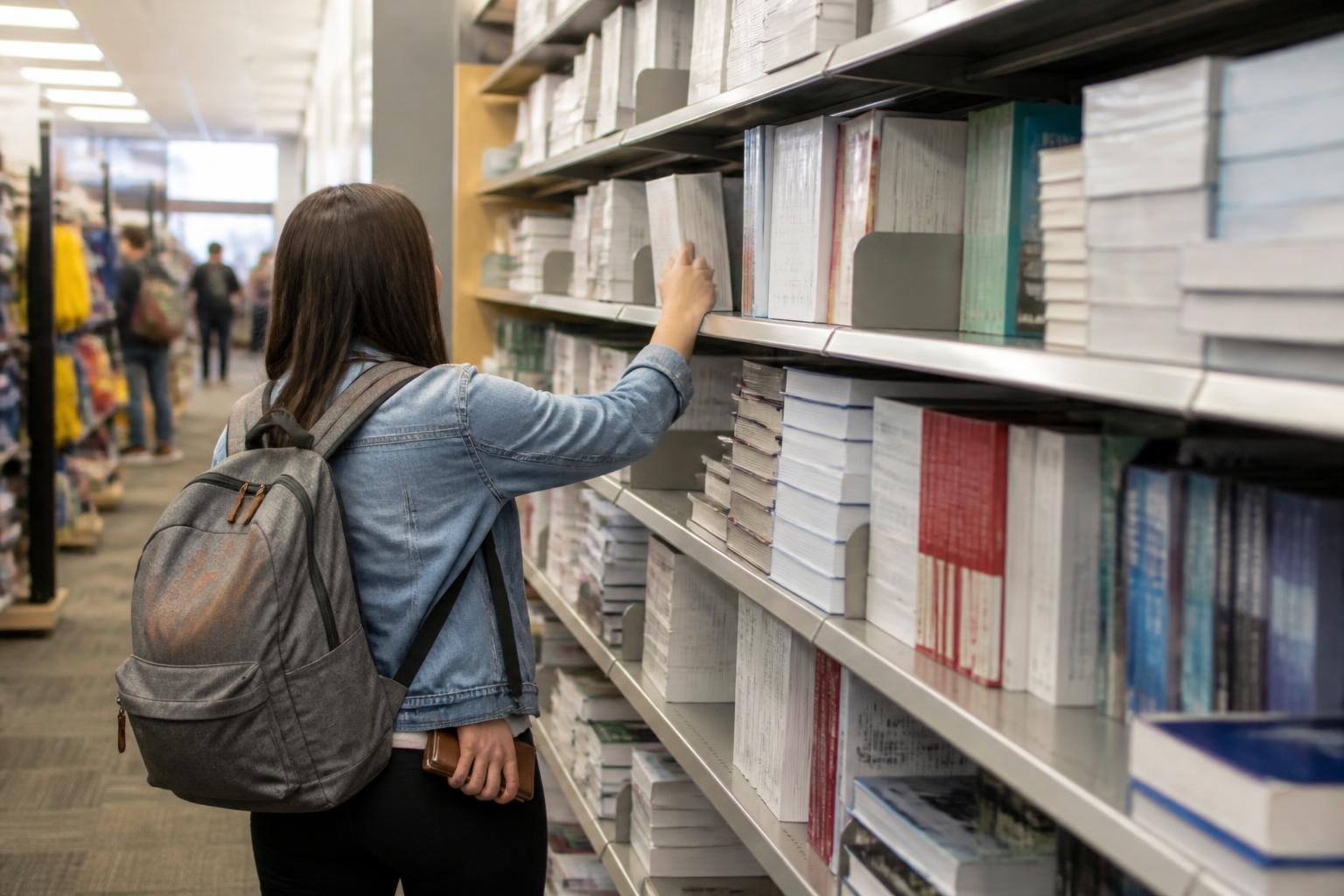 A borrower returning an unbranded textbook to a campus store shelf.