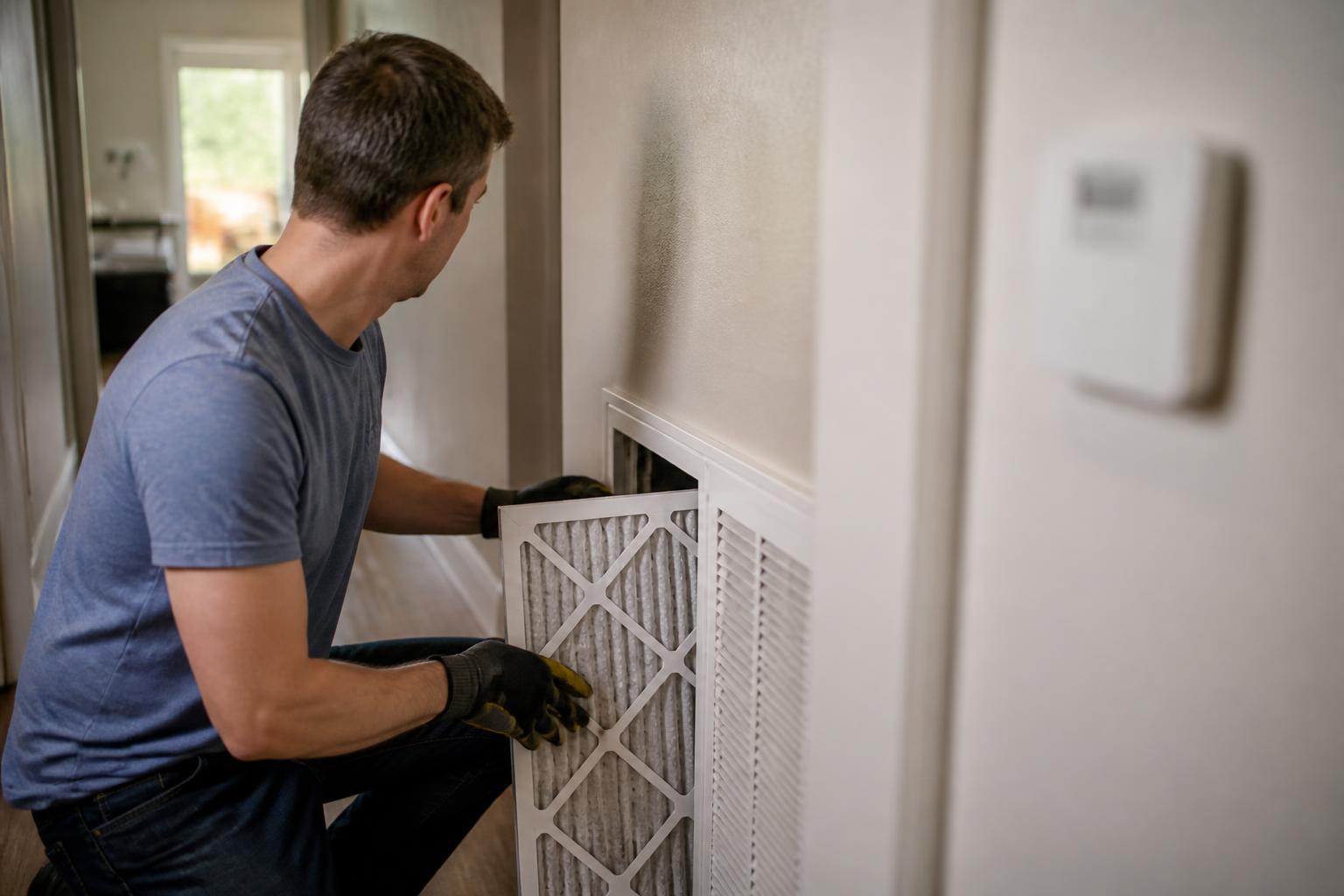 A homeowner replacing an air filter during a utility review.