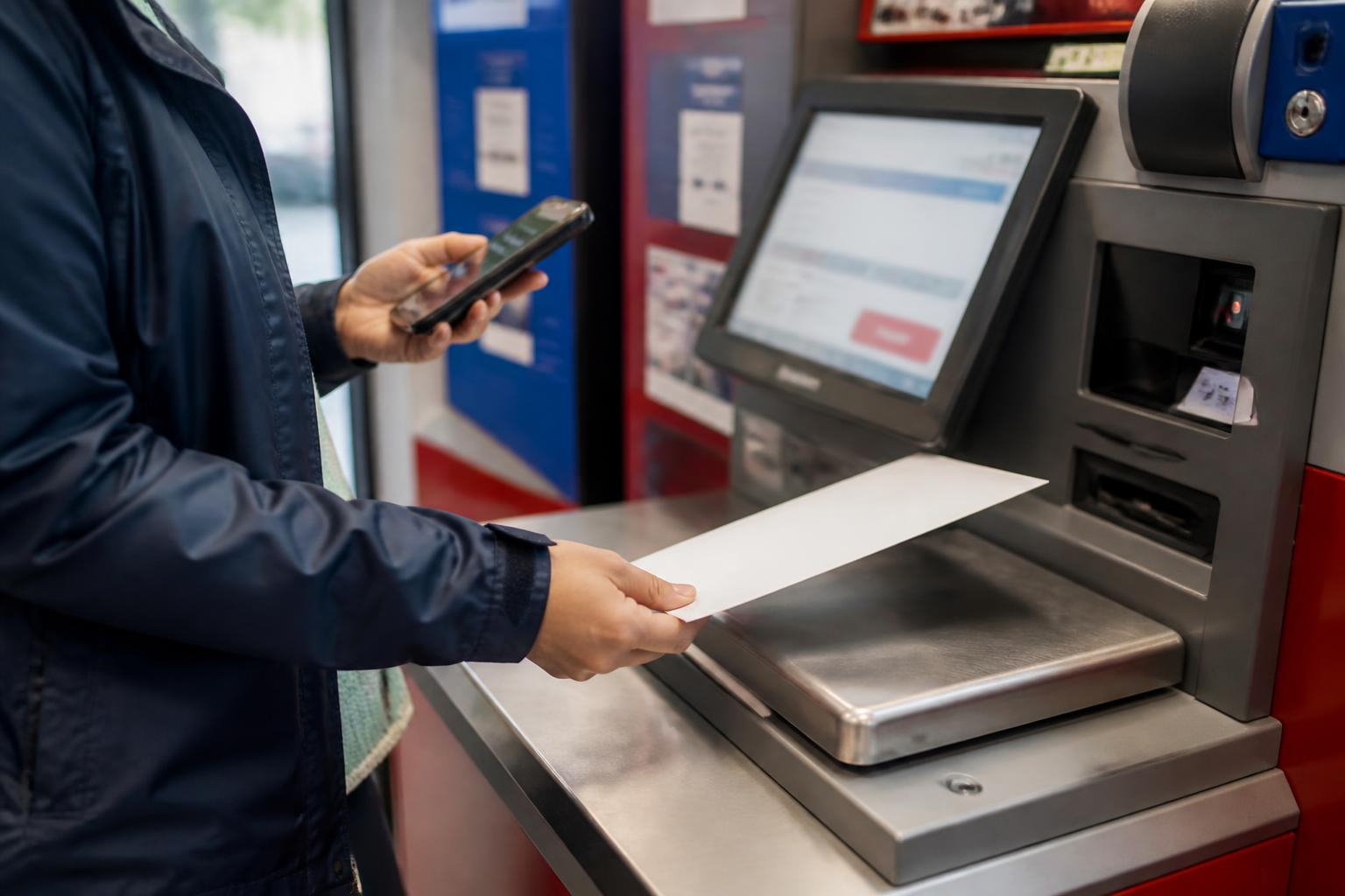A taxpayer weighing a sealed envelope at a post office kiosk.