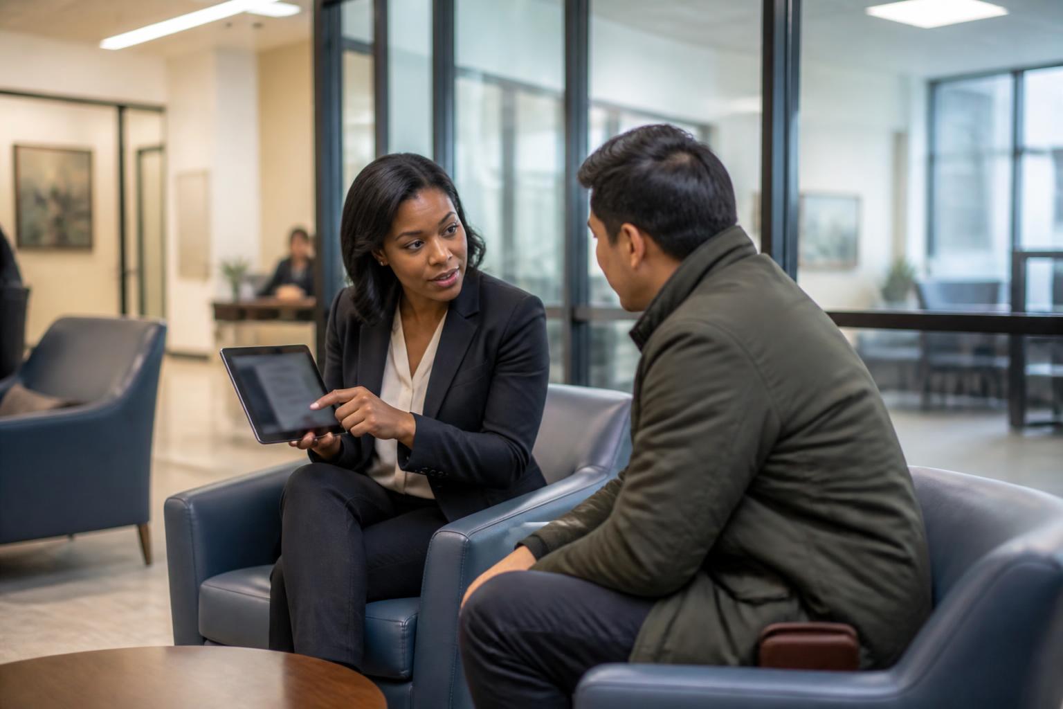 A customer speaking with a banker in an unbranded bank lobby.