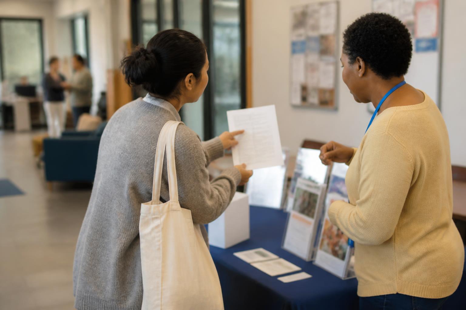 A donor speaking with a volunteer at a community center table.