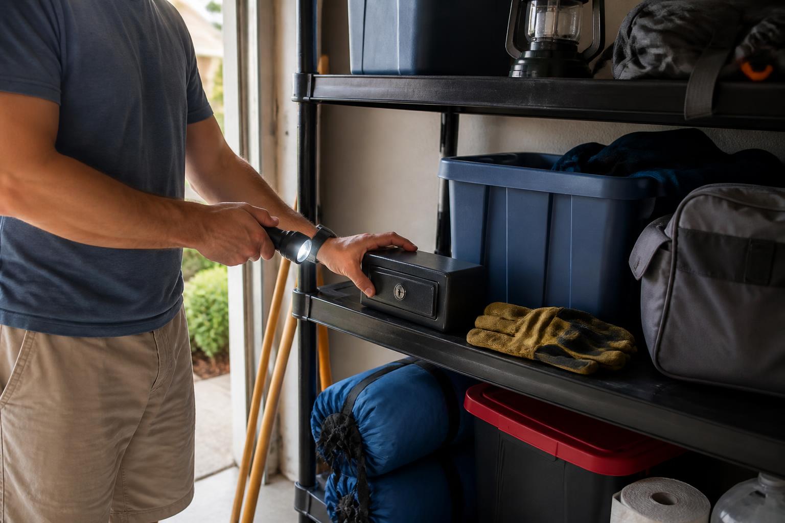 A homeowner testing a flashlight on an emergency shelf.
