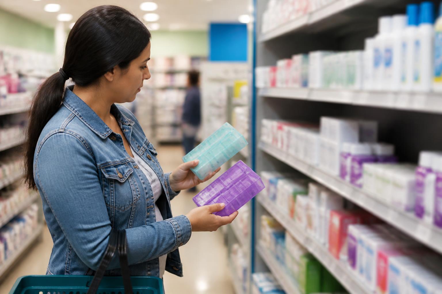 A shopper comparing medicine organizers in a pharmacy aisle.