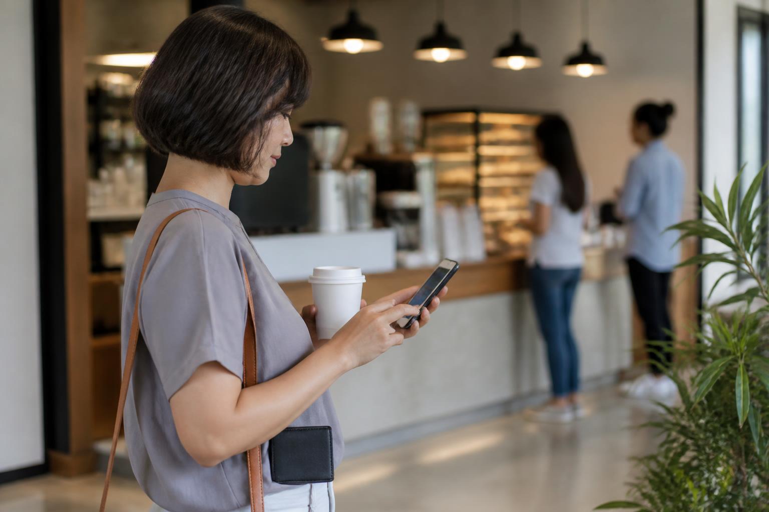A customer changing phone settings near a coffee shop pickup area.