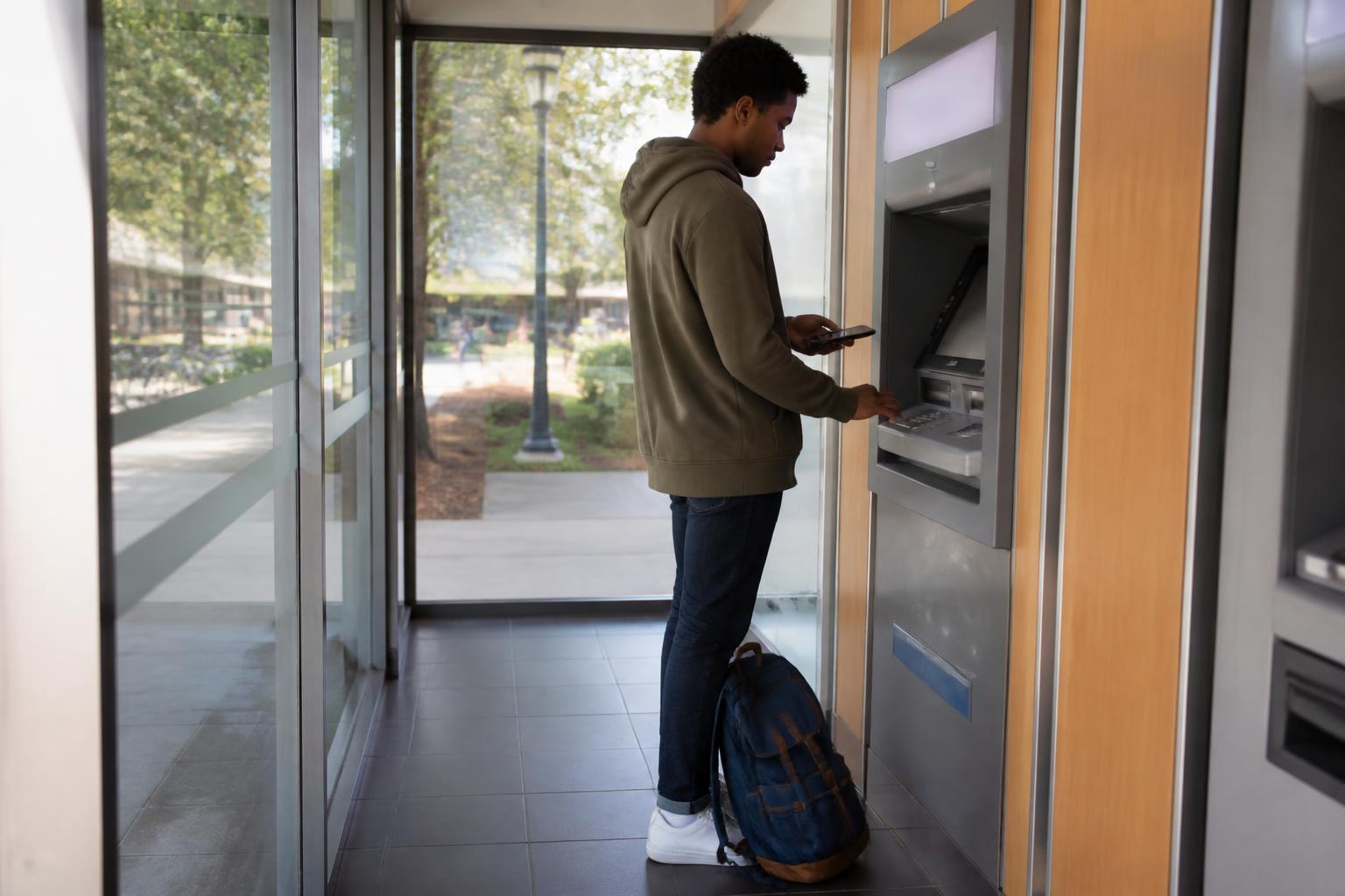 A borrower checking an ATM balance before student loan payments resume.