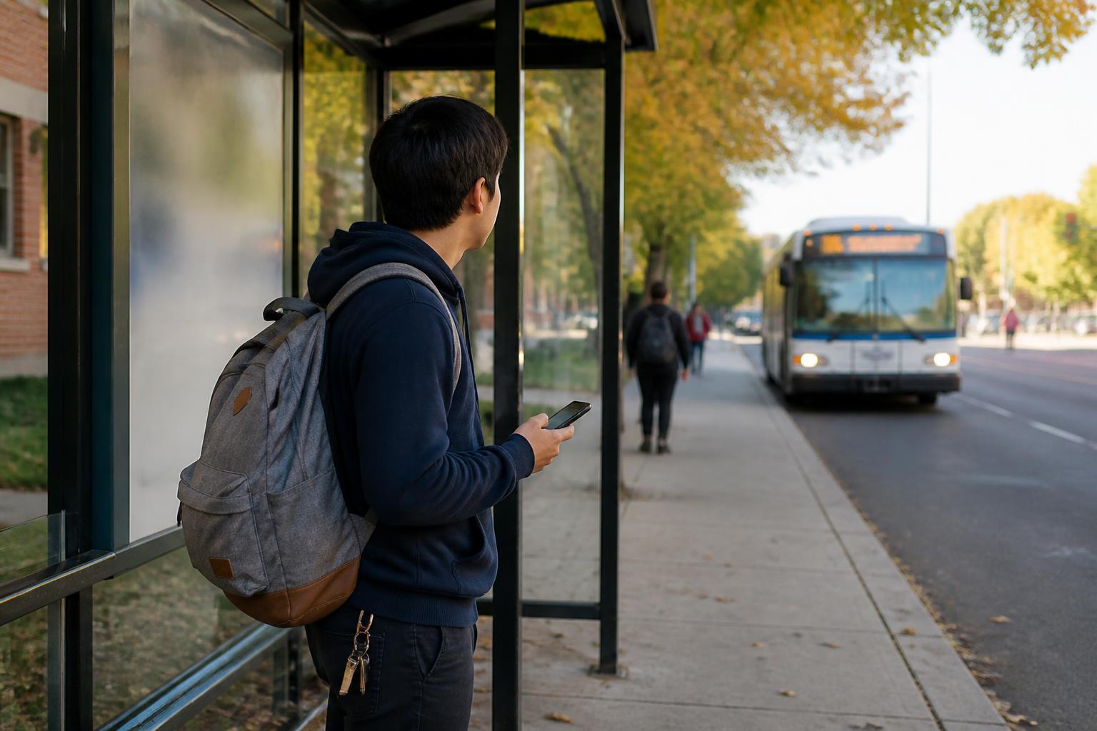 A borrower waiting at a campus bus stop while checking a reminder.