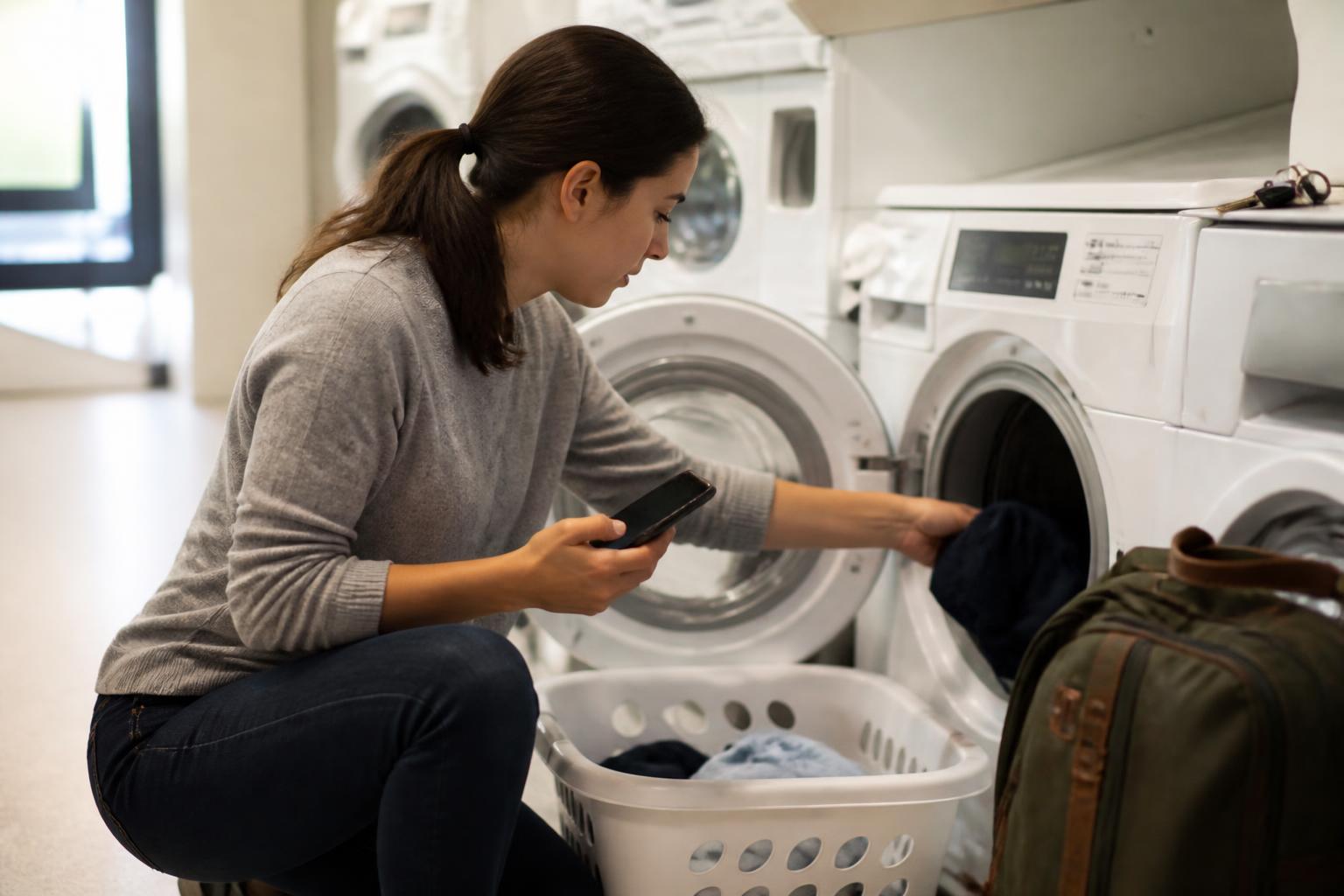 A borrower loading laundry while checking a payment reminder.
