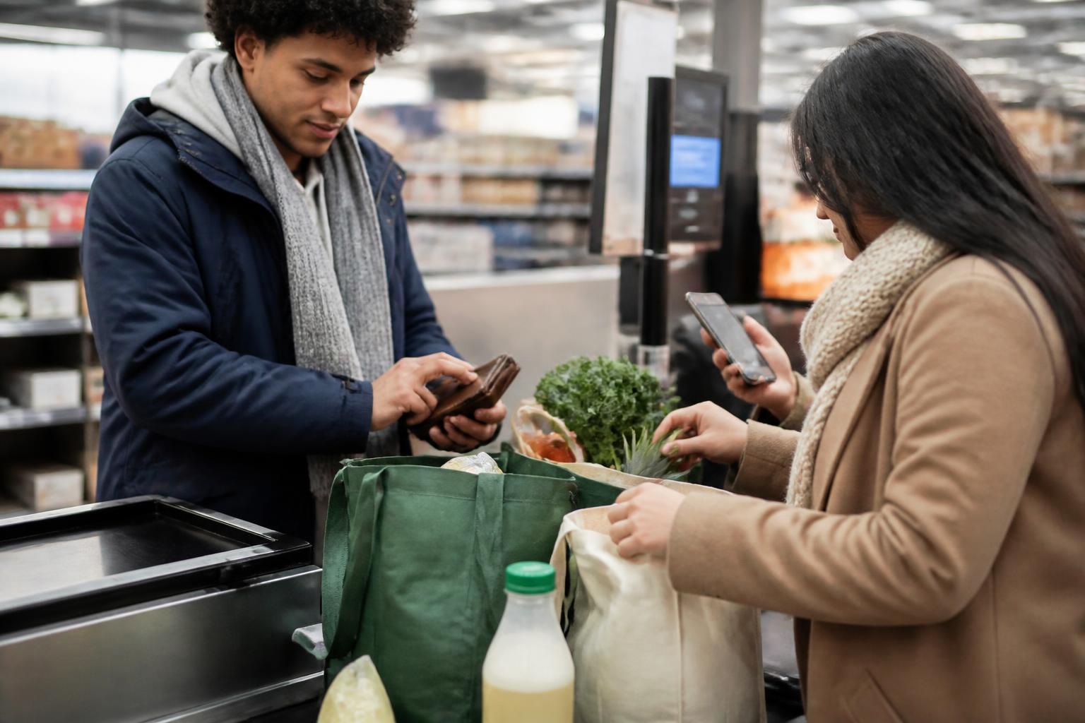 Two adults dividing groceries at checkout while checking a shared-spending alert.