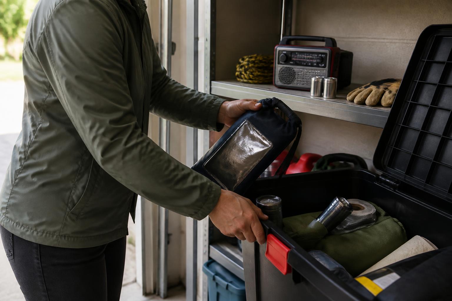 A homeowner packing a waterproof pouch into a storm-prep bin.
