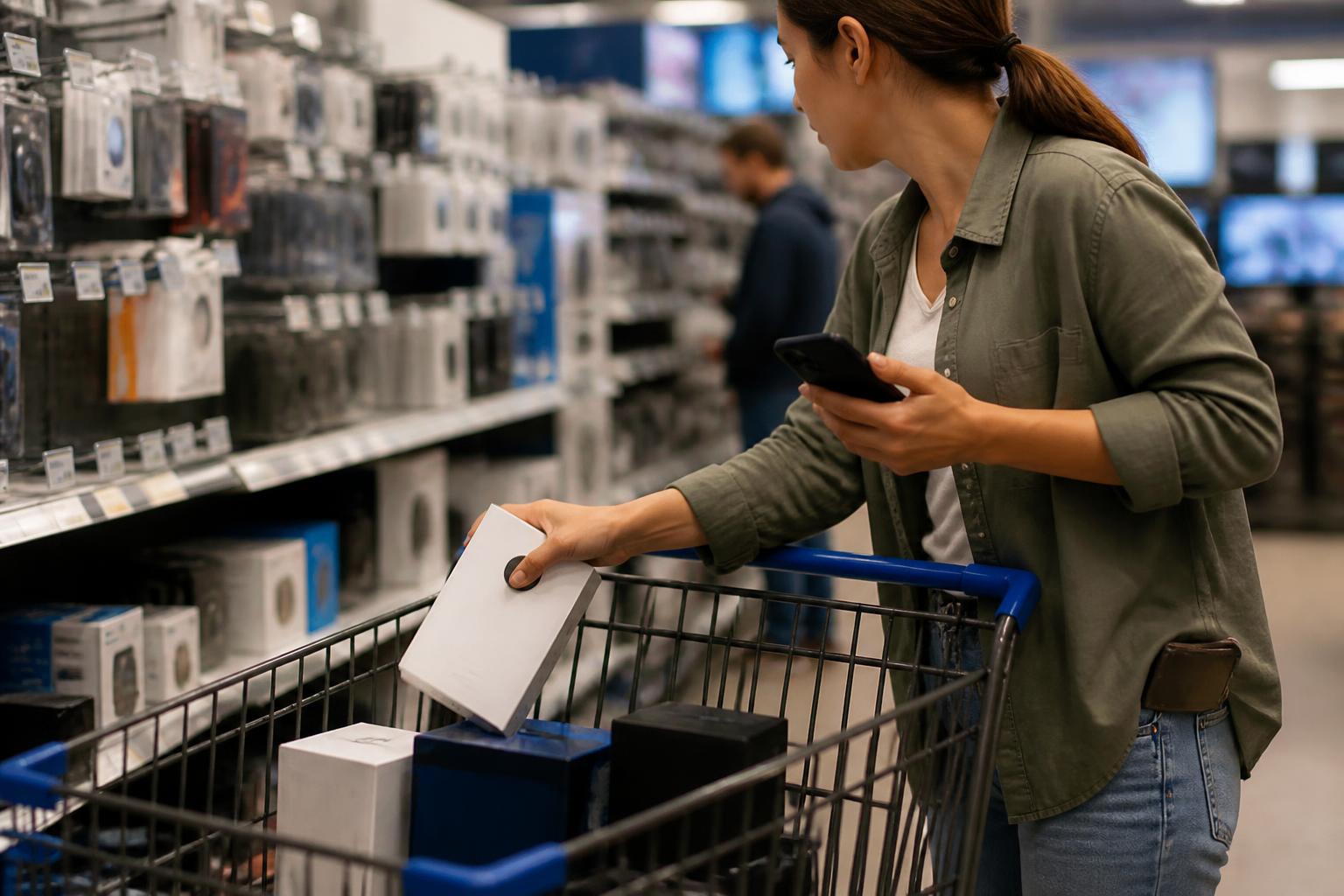 A shopper removing an electronics item from a cart before an online deal event.
