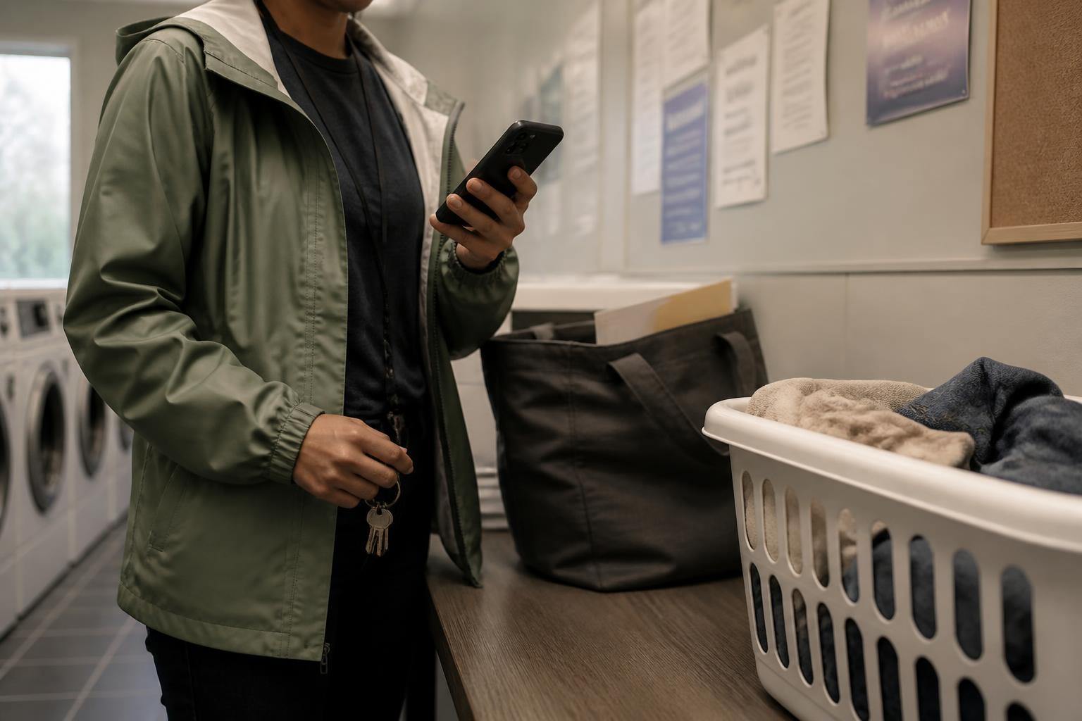 A tenant setting a bill reminder in an apartment laundry room.