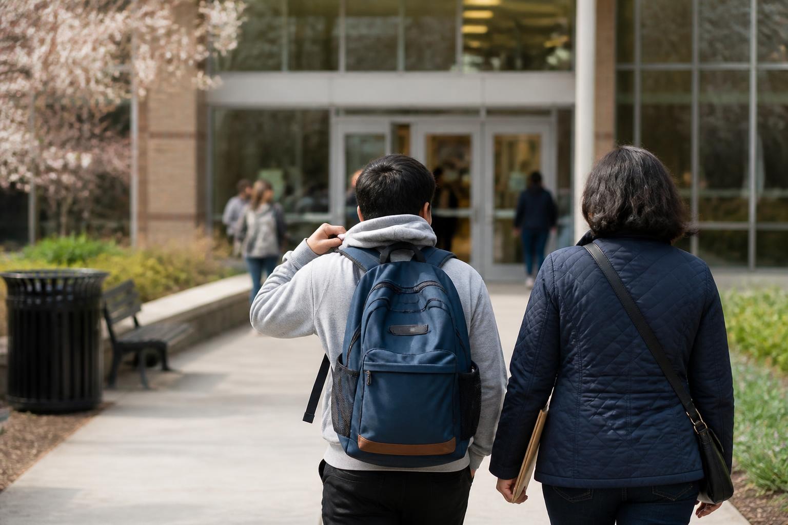 A student and parent walking toward a campus financial-aid office.