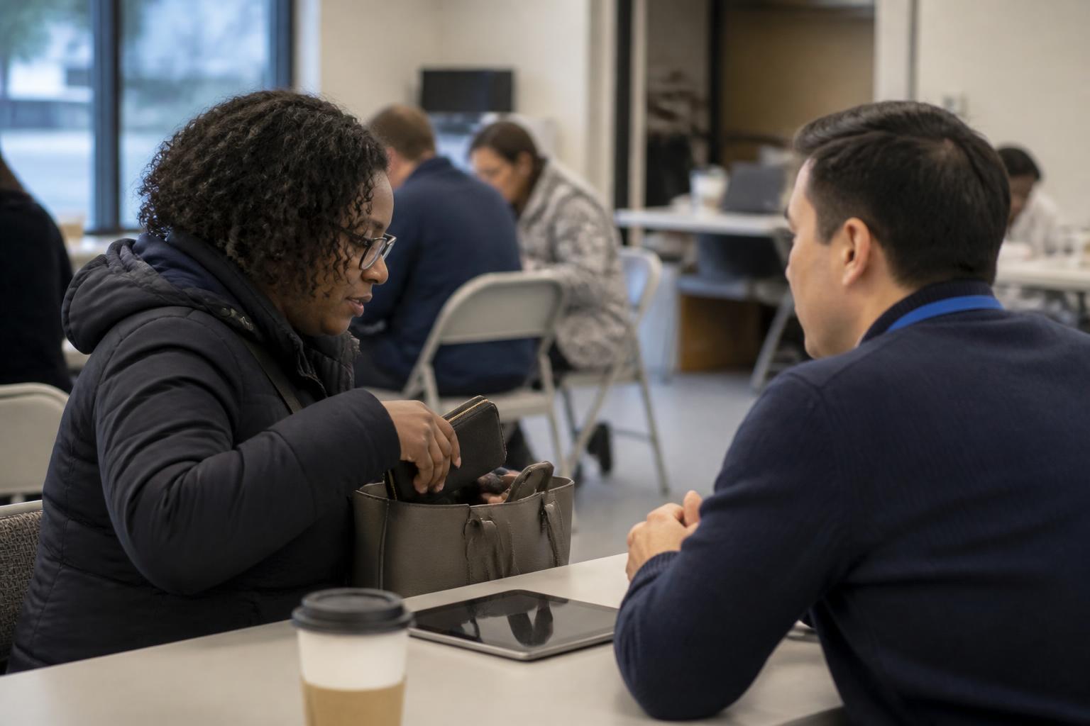 A borrower discussing card payoff options at a credit-union budget clinic.