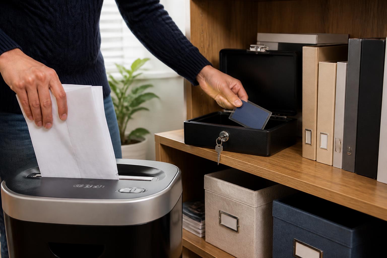 A person shredding old mail beside a small lockbox.