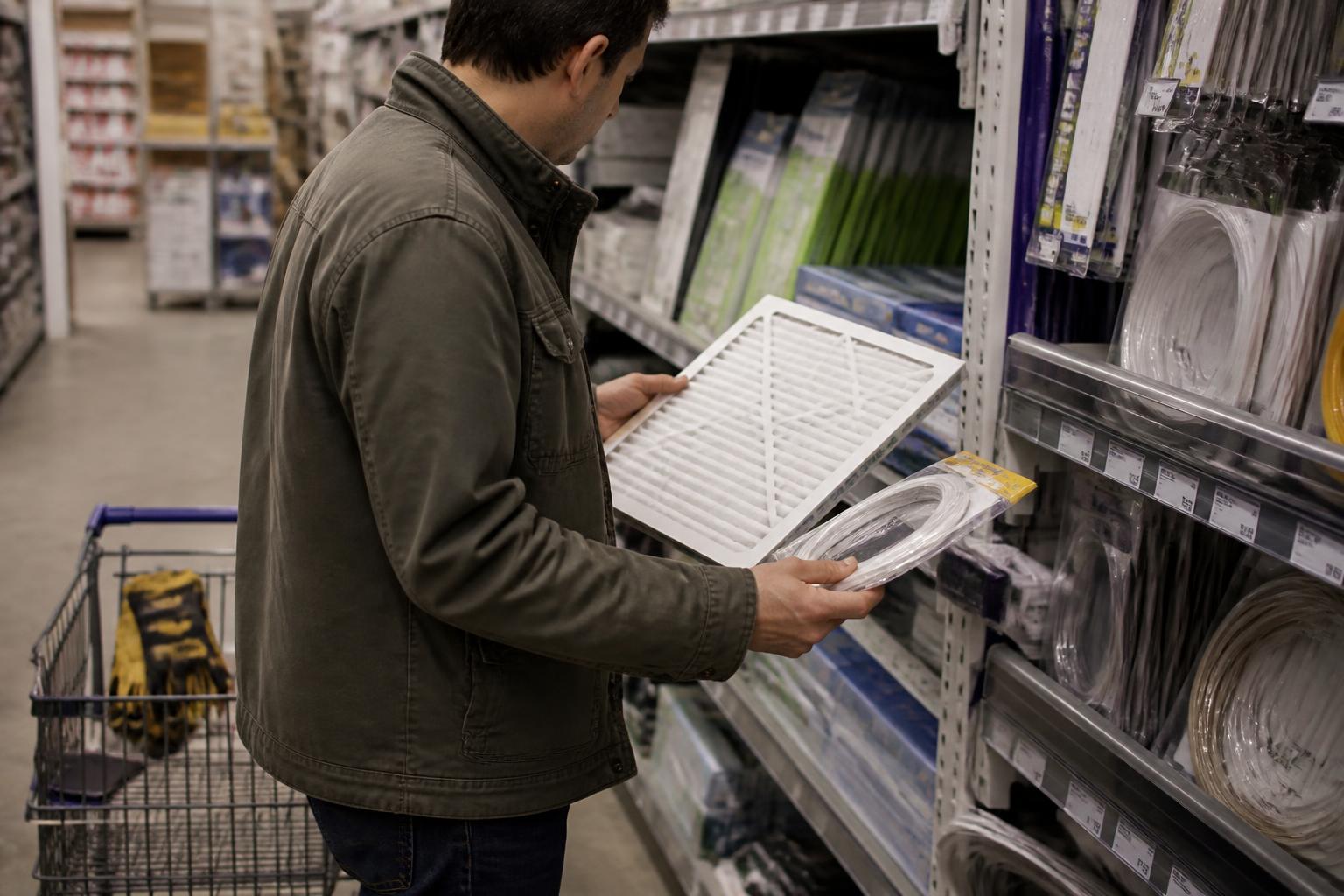 A homeowner comparing energy-saving supplies in a hardware aisle.