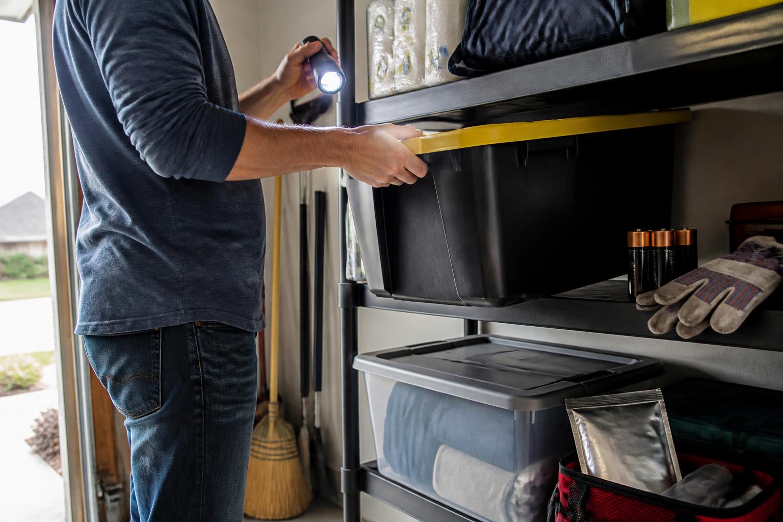 A homeowner testing a flashlight on a garage emergency shelf.