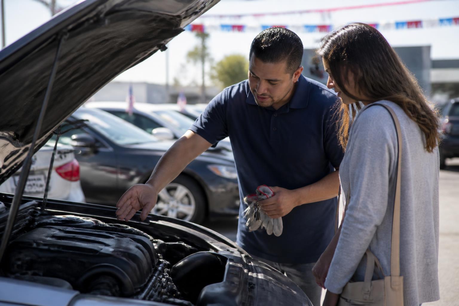 A buyer inspecting a car engine before a Labor Day purchase.