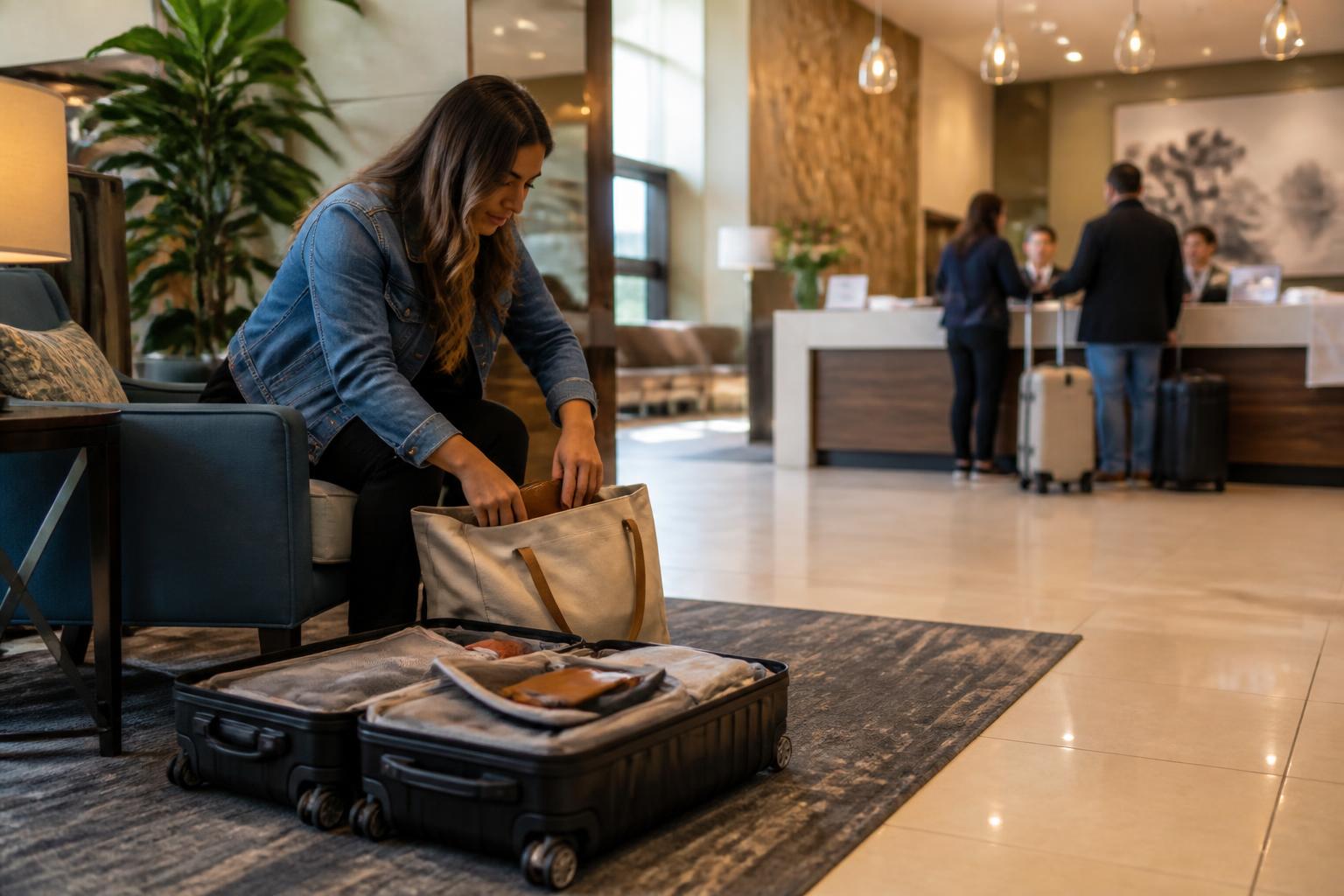 A traveler repacking a carry-on in a hotel lobby.