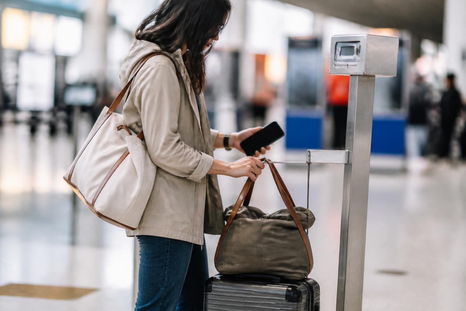 A traveler weighing a carry-on before spring break travel.