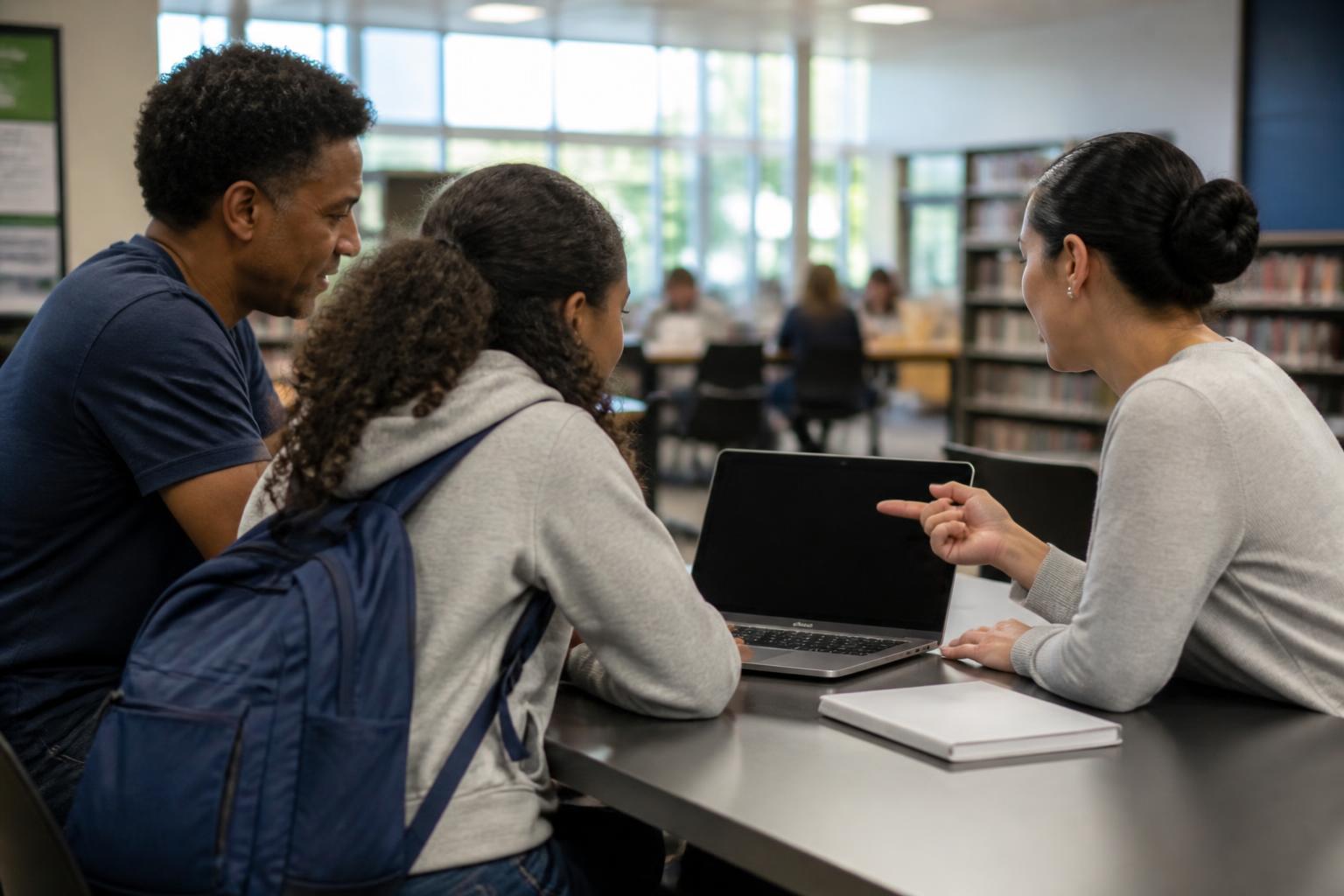 A student and parent attending a FAFSA help session at a public library.