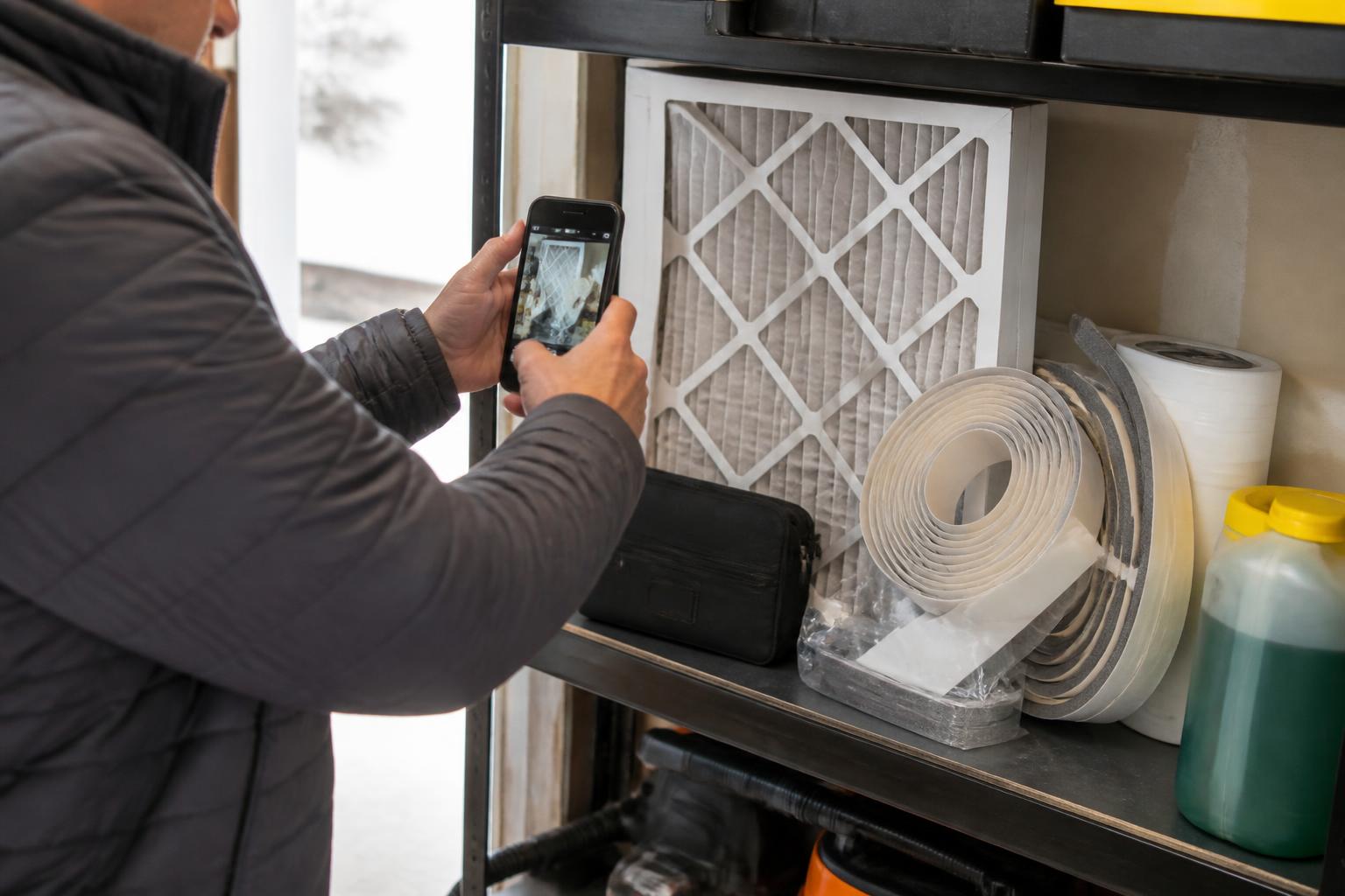 A homeowner photographing energy-saving supplies on a garage shelf.