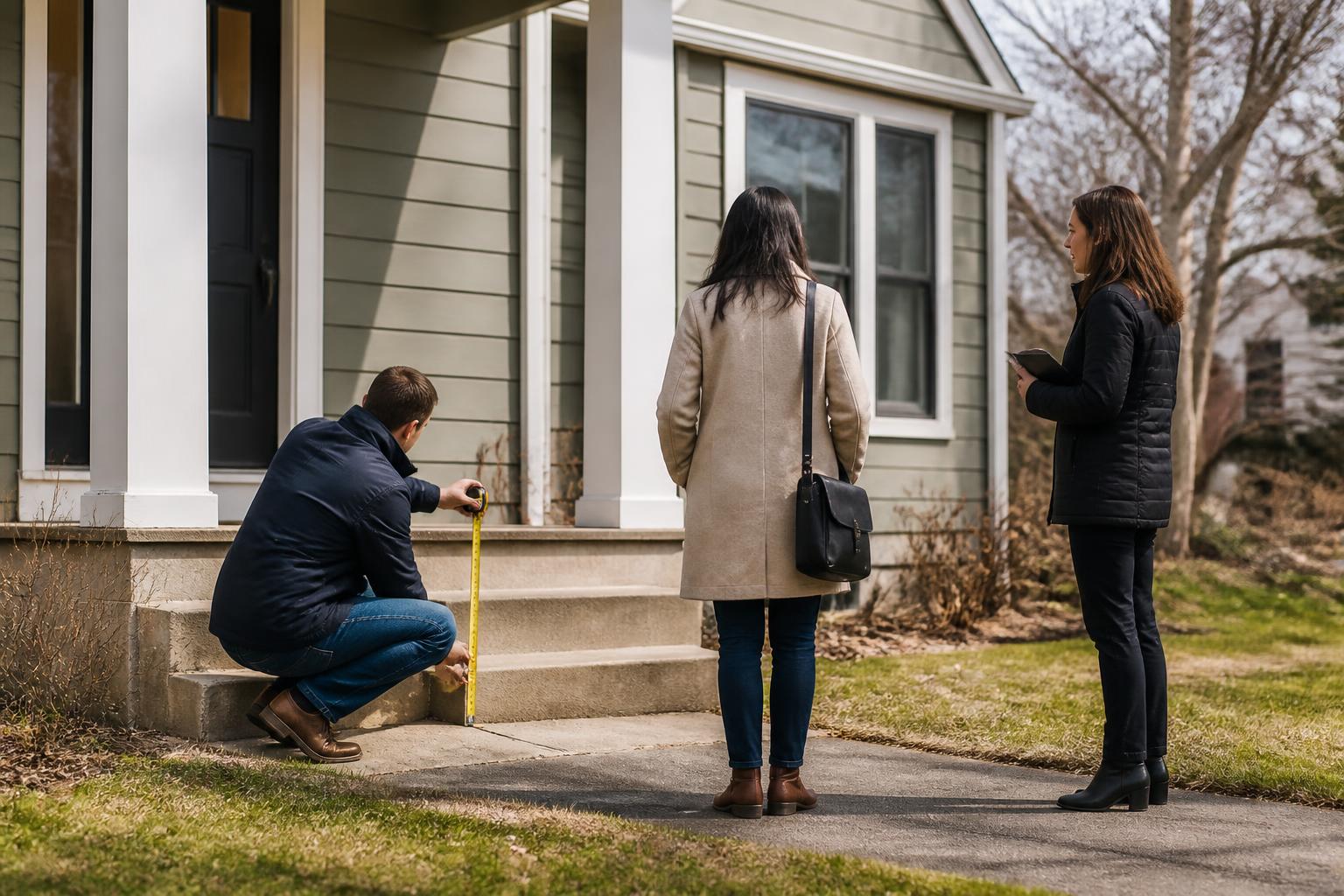 Homebuyers measuring a porch step before setting a payment range.