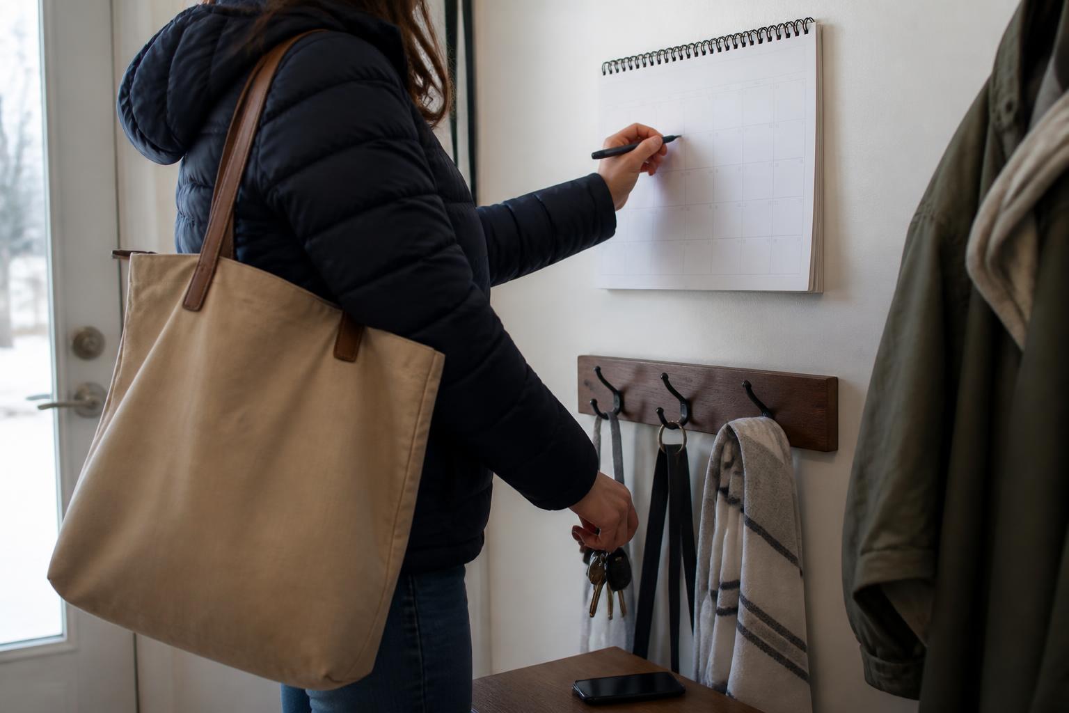 A person marking a blank January bill calendar in a home entryway.