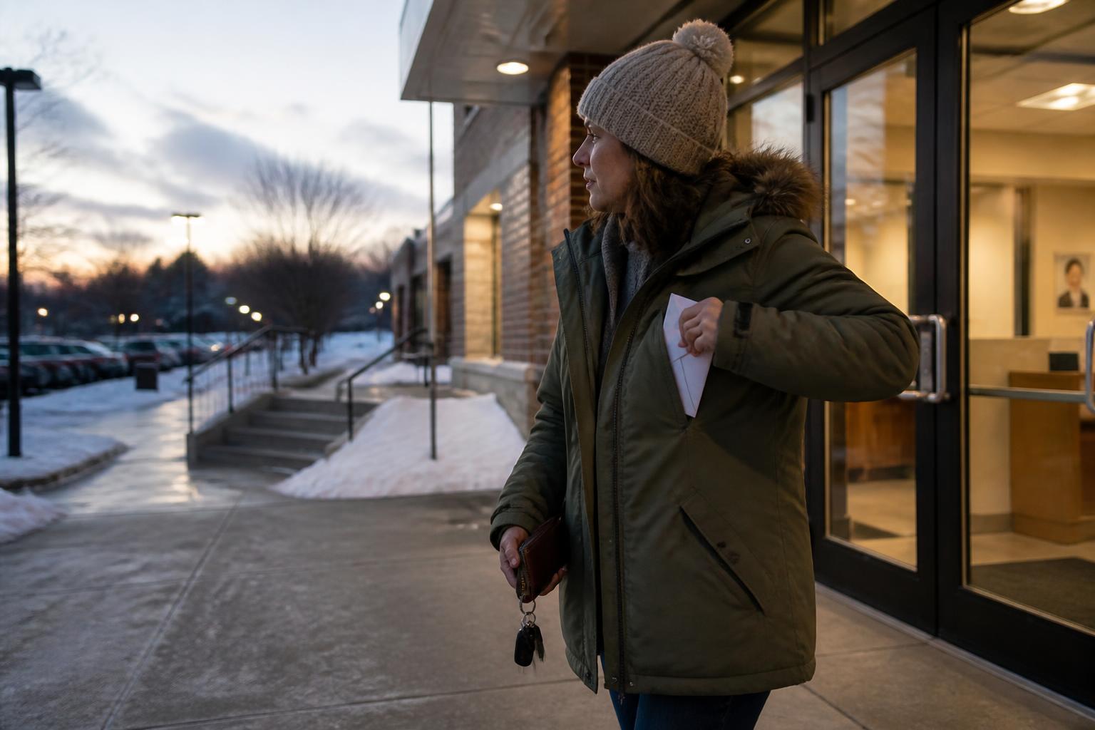 A borrower leaving a winter credit-union payoff errand.