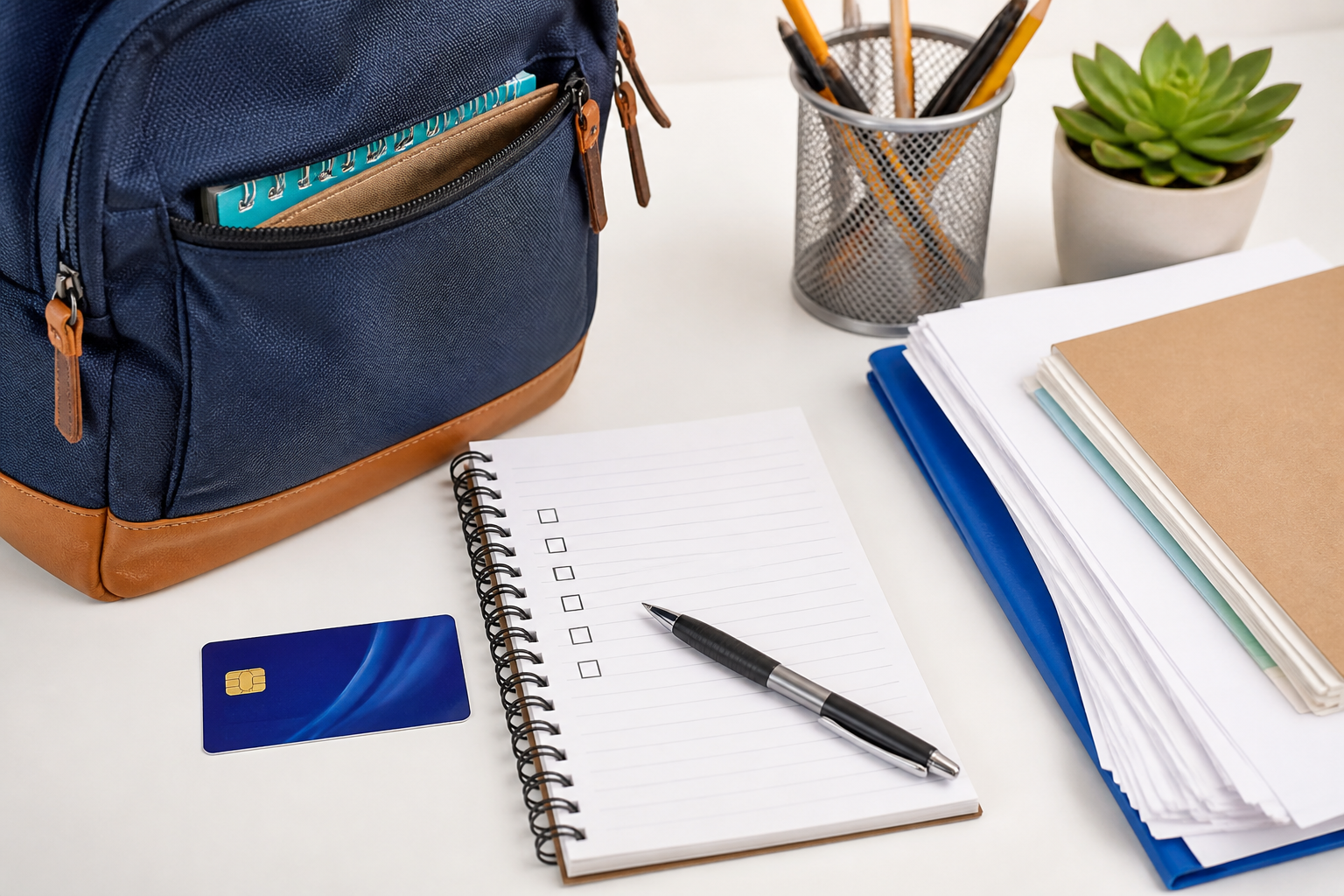 A student holding a card in the older BillSaver stock-photo style.