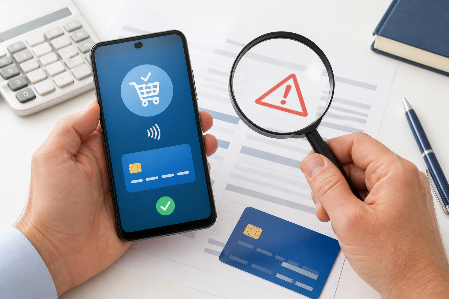 A phone showing credit report information beside a laptop.