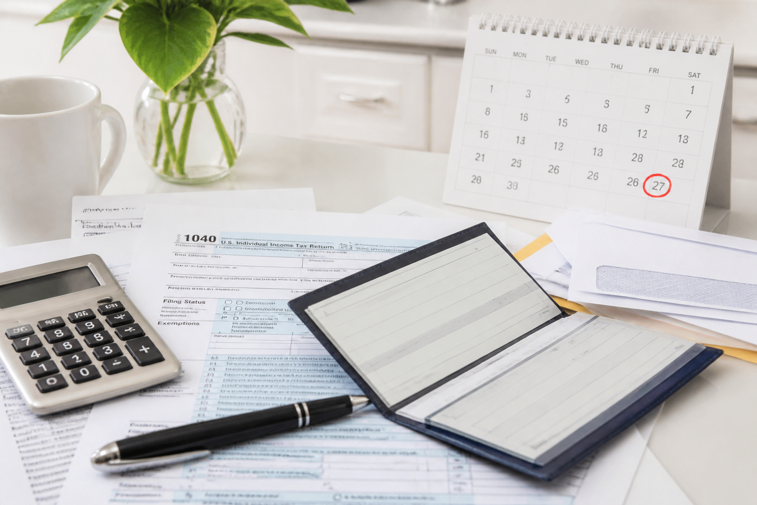 A close-up of a checkbook for tax filing paperwork.